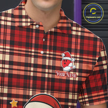 Load image into Gallery viewer, Funny Santa Christmas Bowling Polo, Quarter Zip shirts for men Custom Red Plaid bowling jerseys men NQS10957