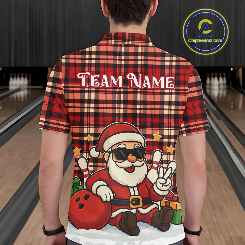 Funny Santa Christmas Bowling Polo, Quarter Zip shirts for men Custom Red Plaid bowling jerseys men NQS10957