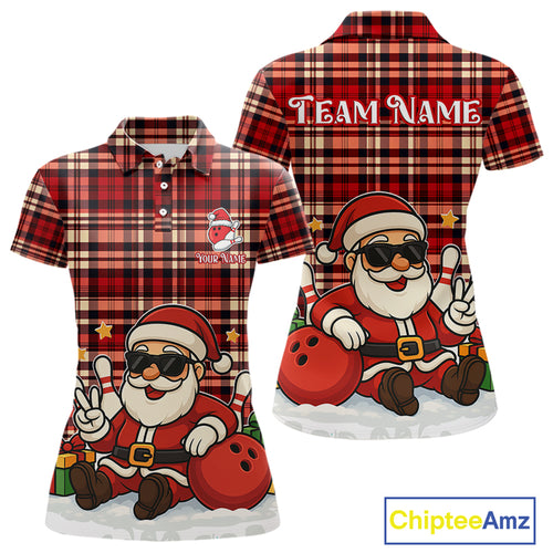 Funny Santa Christmas Bowling shirts for Women Custom Red Plaid bowling outfits for women NQS10957