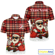 Load image into Gallery viewer, Funny Santa Christmas Bowling Polo, Quarter Zip shirts for men Custom Red Plaid bowling jerseys men NQS10957