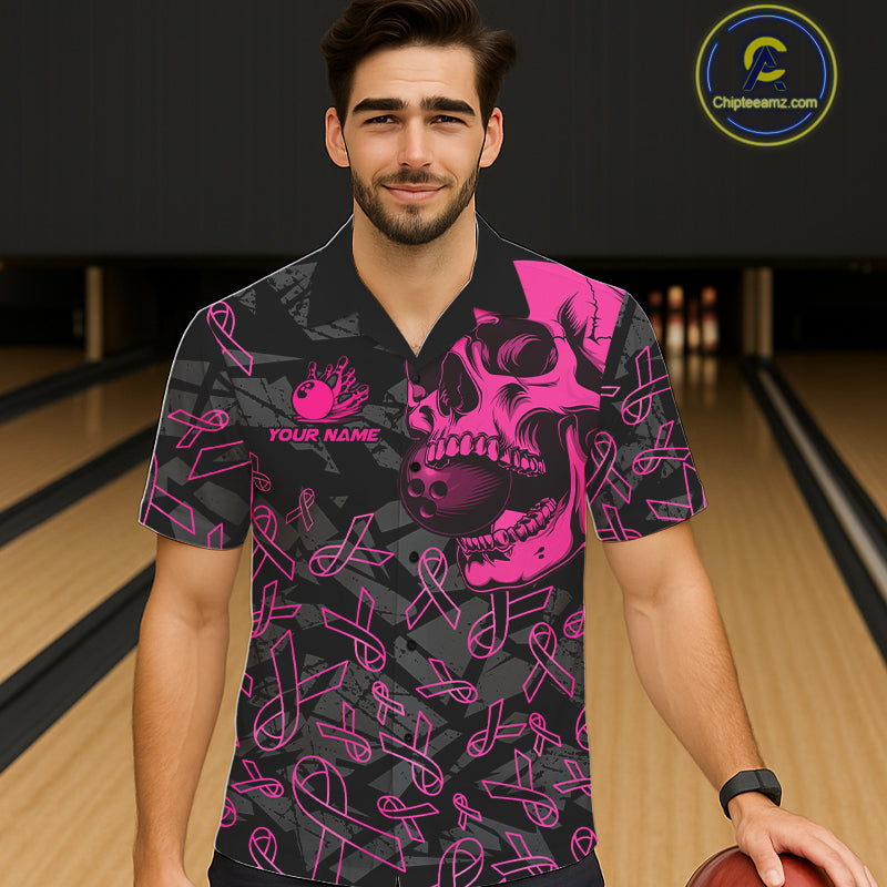 Black Skull camo pink ribbon pattern breast cancer bowling Hawaiian Shirt custom bowling team jersey NQS11549