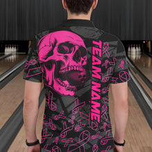 Load image into Gallery viewer, Black Skull camo pink ribbons pattern breast cancer bowling shirt for men custom bowling team jerseys NQS11549