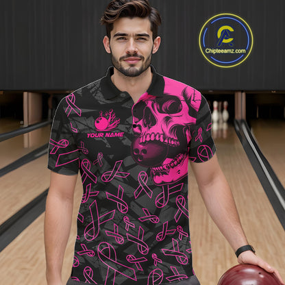Black Skull camo pink ribbons pattern breast cancer bowling shirt for men custom bowling team jerseys NQS11549