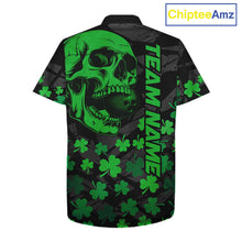 Load image into Gallery viewer, Black Skull camo Green Shamrock pattern St Patrick bowling Hawaiian Shirt custom bowling team jersey NQS11550