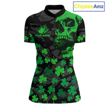 Load image into Gallery viewer, Black Skull camo Green Shamrock pattern St Patrick bowling shirt for Women custom bowling team jersey NQS11550