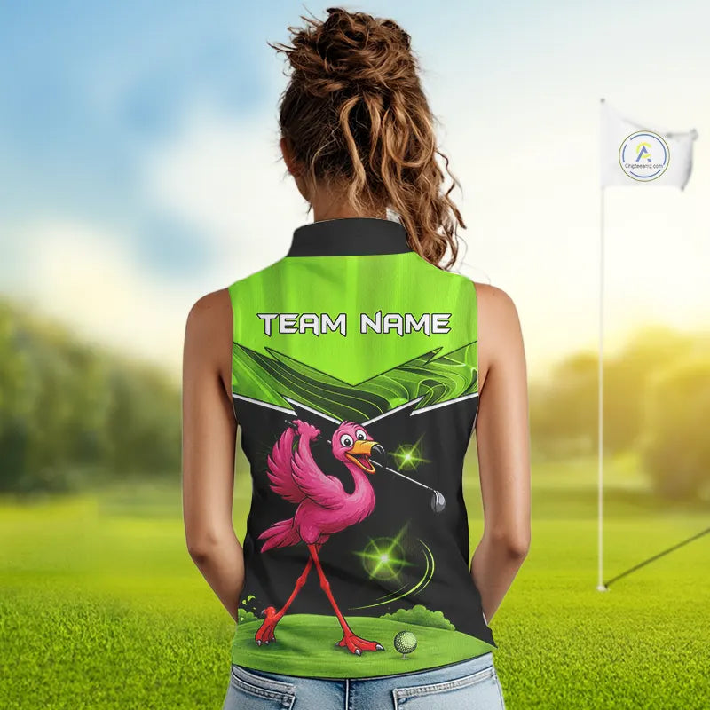 Funny Flamingo Green Sleeveless Golf Shirt Custom Flamingo Team ladies golf tops, funny golf gifts NQS11675