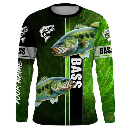 Largemouth Bass Fishing green Customize Name Long Sleeve Fishing Shirts, personalized fishing gifts NQS1725