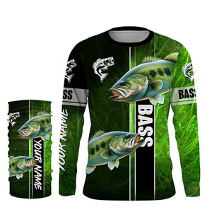 Largemouth Bass Fishing green Customize Name Long Sleeve Fishing Shirts, personalized fishing gifts NQS1725