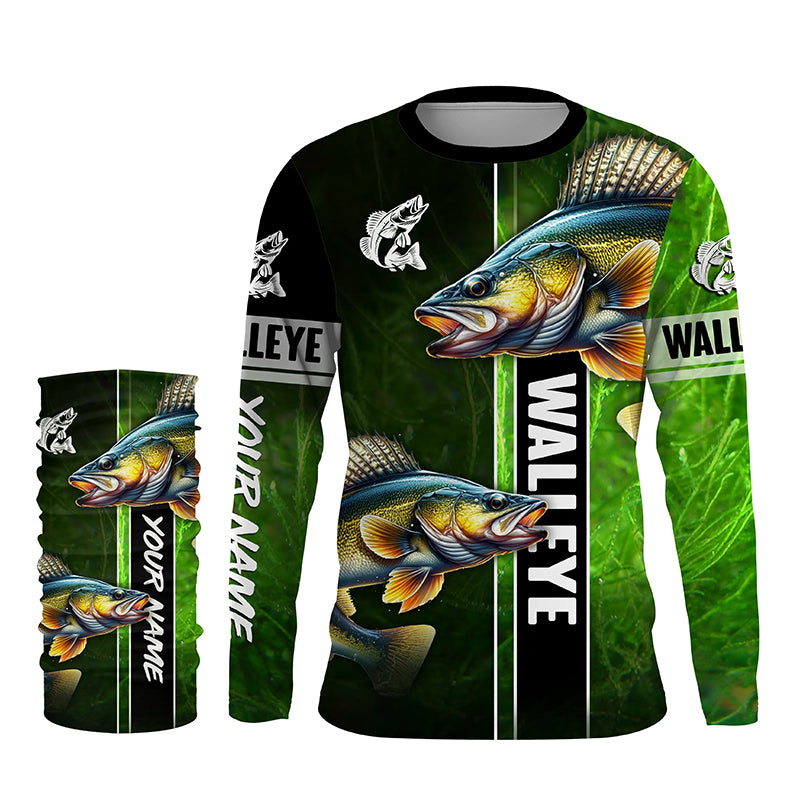 Walleye Fishing green camo Customize Name Long Sleeve Fishing Shirts, fishing gift for men, women, kid NQS1726