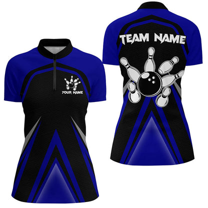 Black and Blue Retro Bowling Polo, Quarter Zip Shirts For Women Custom Team Bowling Jerseys, bowl gift NQS8367