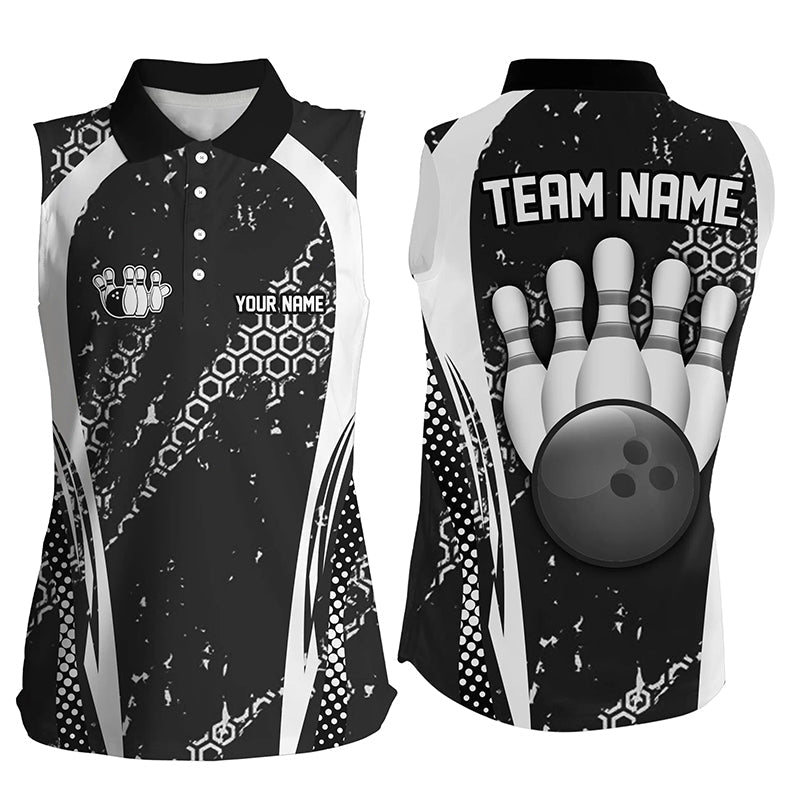 Black and White Grunge Retro Bowling Sleeveless Polo Shirts Custom Team Bowling League Jerseys NQS8371