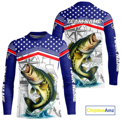 American Flag Largemouth Bass Fishing Custom Bass Long Sleeve Fishing Shirts, Bass Team Jerseys NQS11346