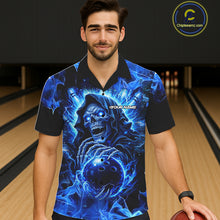 Load image into Gallery viewer, Blue Flame Skull Bowling Hawaiian Shirt Custom Bowling Reaper Team Bowling button up shirt NQS11348