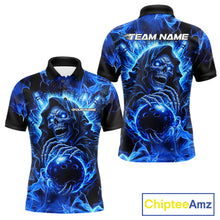 Load image into Gallery viewer, Blue Flame Skull Bowling Polo, 1/4 Zip Shirts For Men Custom Bowling Reaper Team Bowling jersey NQS11348