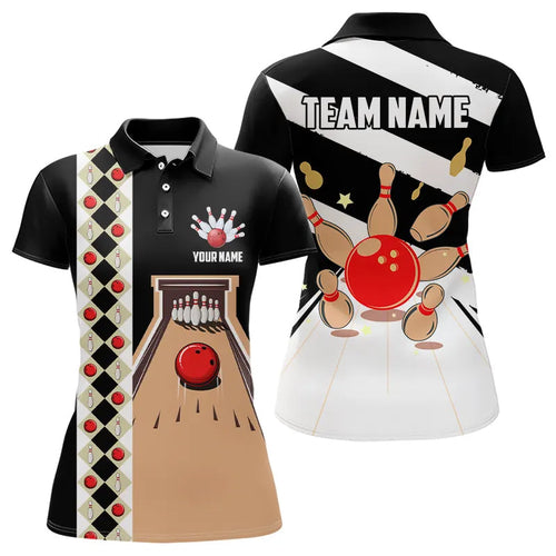 Personalized Red, white and black Retro bowling Polo, Quarter Zip shirt for women, Bowling Team Jersey NQS9460
