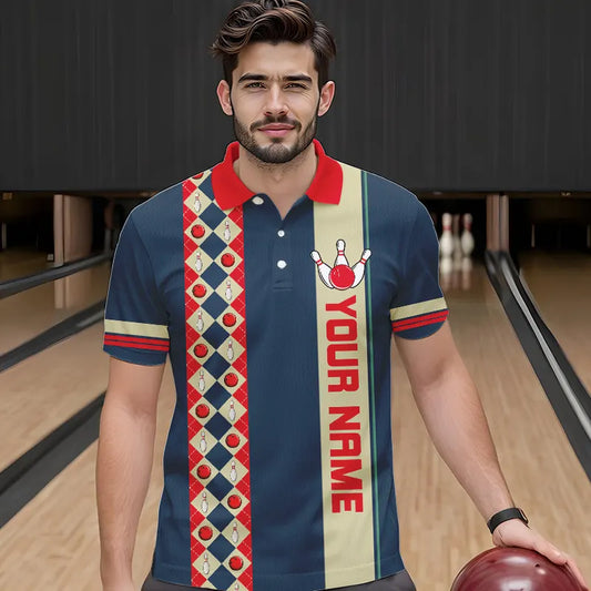 Personalized Red, white and blue Retro bowling Polo, Quarter Zip shirt for Men, Bowling Team Jersey NQS9461