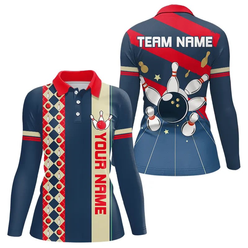 Personalized Red, white and blue Retro bowling Polo, Quarter Zip shirt for women, Bowling Team Jersey NQS9461