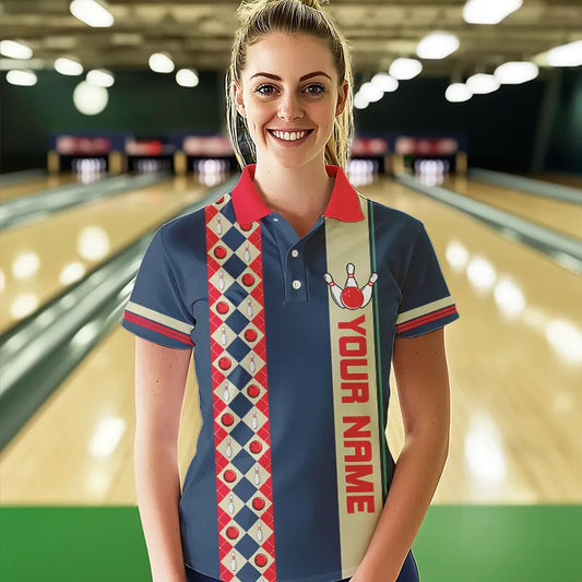 Personalized Red, white and blue Retro bowling Polo, Quarter Zip shirt for women, Bowling Team Jersey NQS9461