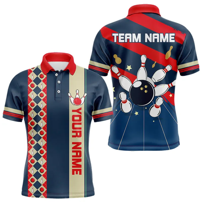 Personalized Red, white and blue Retro bowling Polo, Quarter Zip shirt for Men, Bowling Team Jersey NQS9461