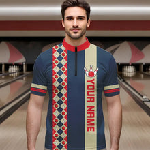 Load image into Gallery viewer, Personalized Red, white and blue Retro bowling Polo, Quarter Zip shirt for Men, Bowling Team Jersey NQS9461