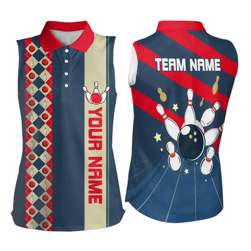 Personalized Red, white and blue Retro bowling Sleeveless Polo shirts for Women, Bowling Team Jerseys NQS9461
