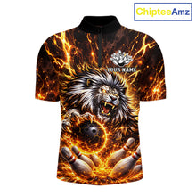 Load image into Gallery viewer, Gold Lightning Thunder Angry Lion Bowling Polo, 1/4 Zip Shirt for Men Custom Lion Bowling Team jersey NQS11681