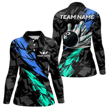 Load image into Gallery viewer, Personalized Black, Blue and Turquoise Camo Bowling Shirt For Women Custom Team Name Bowling Jerseys NQS9786
