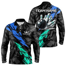 Load image into Gallery viewer, Personalized Black, Blue and Turquoise Camo Bowling Shirt For Men Custom Team Name Bowling Jerseys NQS9786