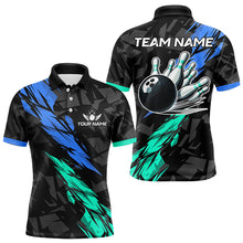 Load image into Gallery viewer, Personalized Black, Blue and Turquoise Camo Bowling Shirt For Men Custom Team Name Bowling Jerseys NQS9786