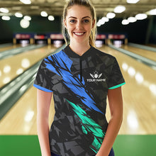 Load image into Gallery viewer, Personalized Black, Blue and Turquoise Camo Bowling Shirt For Women Custom Team Name Bowling Jerseys NQS9786