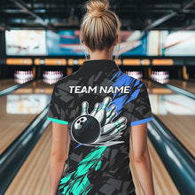 Load image into Gallery viewer, Personalized Black, Blue and Turquoise Camo Bowling Shirt For Women Custom Team Name Bowling Jerseys NQS9786
