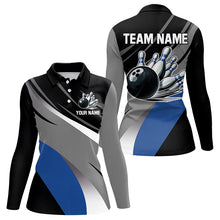 Load image into Gallery viewer, Personalized Black, Gray and Blue Bowling Shirts For Women, Bowling Balls And Pins Bowling Team Shirts NQS9784