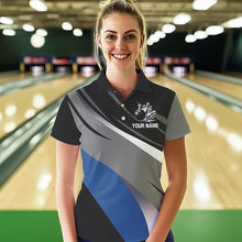 Load image into Gallery viewer, Personalized Black, Gray and Blue Bowling Shirts For Women, Bowling Balls And Pins Bowling Team Shirts NQS9784