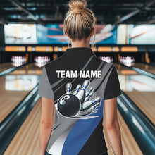 Load image into Gallery viewer, Personalized Black, Gray and Blue Bowling Shirts For Women, Bowling Balls And Pins Bowling Team Shirts NQS9784