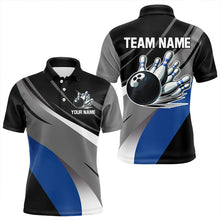 Load image into Gallery viewer, Personalized Black, Gray and Blue Bowling Shirts For Men, Bowling Balls And Pins Bowling Team Shirts NQS9784