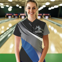 Load image into Gallery viewer, Personalized Black, Gray and Blue Bowling Shirts For Women, Bowling Balls And Pins Bowling Team Shirts NQS9784