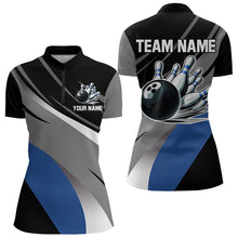 Load image into Gallery viewer, Personalized Black, Gray and Blue Bowling Shirts For Women, Bowling Balls And Pins Bowling Team Shirts NQS9784