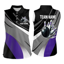 Load image into Gallery viewer, Personalized Black, Gray and Purple Women Sleeveless Polo Shirt Bowling Ball Pins Bowling Team Shirt NQS9785