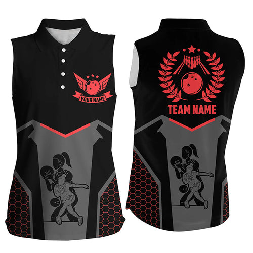 Black Bowling Jersey For Women Custom Retro Bowling Sleeveless Polo Shirt For Team Bowlers | Red NQS7552