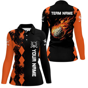 Black Womens golf polo shirts custom orange argyle pattern flame golf ball golf tops for team ladies NQS7556