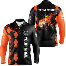 Load image into Gallery viewer, Black Mens golf polo shirts custom orange argyle pattern flame golf ball golf tops for mens NQS7556