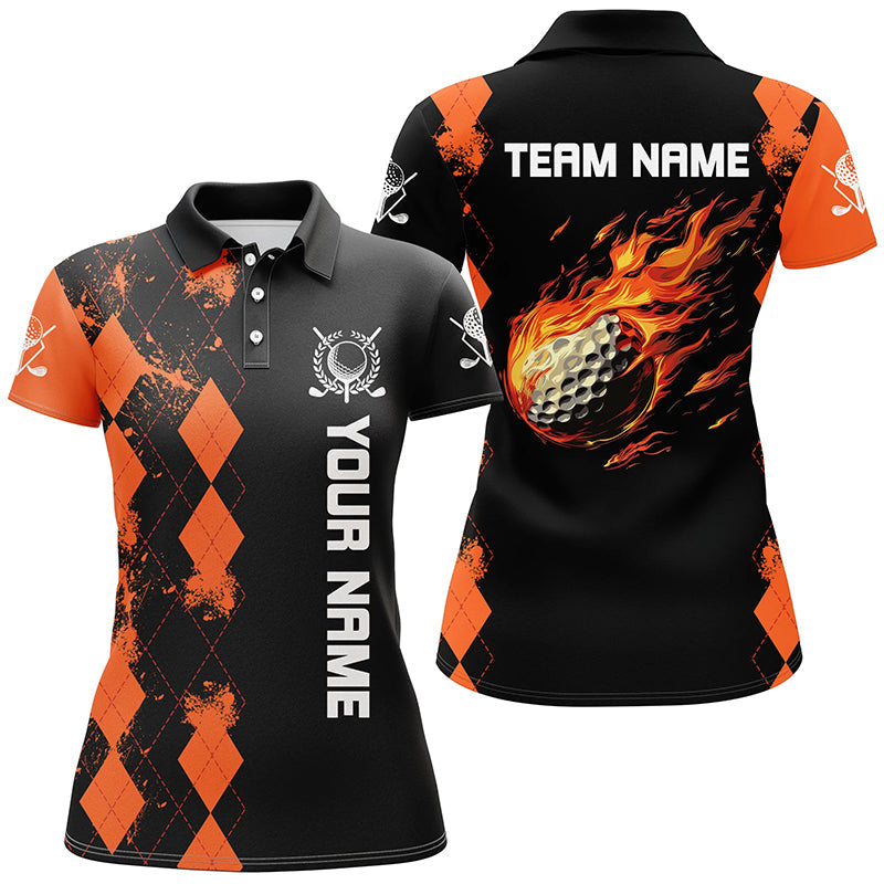 Black Womens golf polo shirts custom orange argyle pattern flame golf ball golf tops for team ladies NQS7556