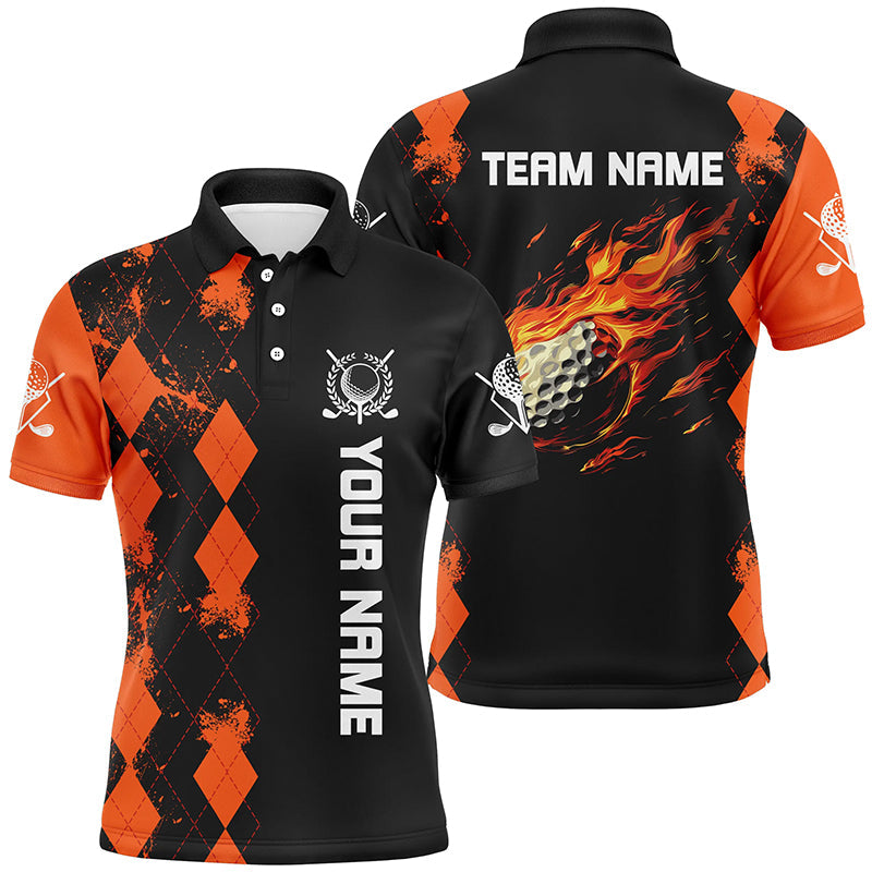 Black Mens golf polo shirts custom orange argyle pattern flame golf ball golf tops for mens NQS7556