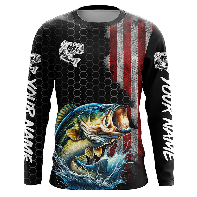 American flag Largemouth bass fishing Custom patriot performance Fishing Shirts, Bass fishing jerseys NQS7559