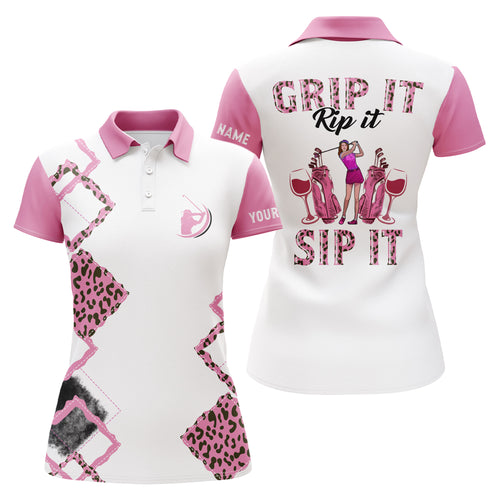 Womens golf polo shirt pink leopard custom name grip it rip it sip it, golf tops for ladies NQS5587