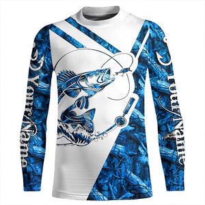 Walleye Fishing blue camo UV protection Custom long sleeves fishing shirts, Walleye fishing jerseys NQS7942