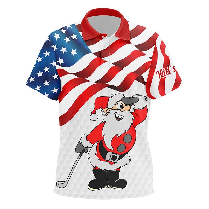 Christmas Santa American flag patriotic custom Kid golf polo shirts, Xmas US flag golf shirts Kid NQS7947