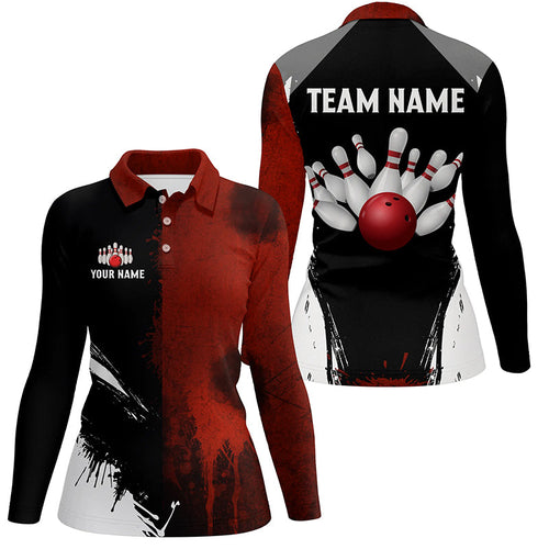 Black and red Bowling Polo, Quarter Zip Shirt For Women Custom Bowling Team jerseys, gift for bowlers NQS7948