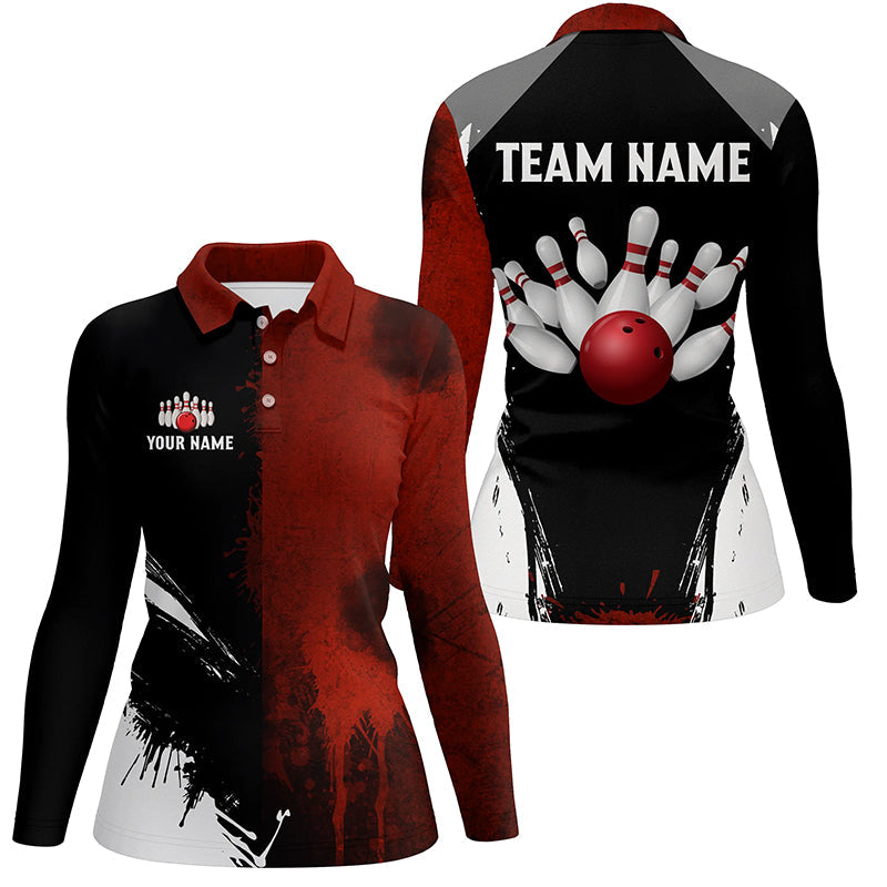 Black and red Bowling Polo, Quarter Zip Shirt For Women Custom Bowling Team jerseys, gift for bowlers NQS7948
