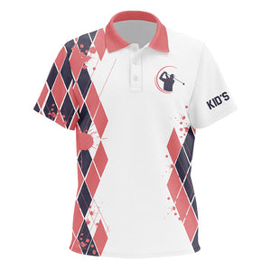 Blue and Pink argyle pattern White golf polos shirt for Kid Custom kids golf clothing NQS8575